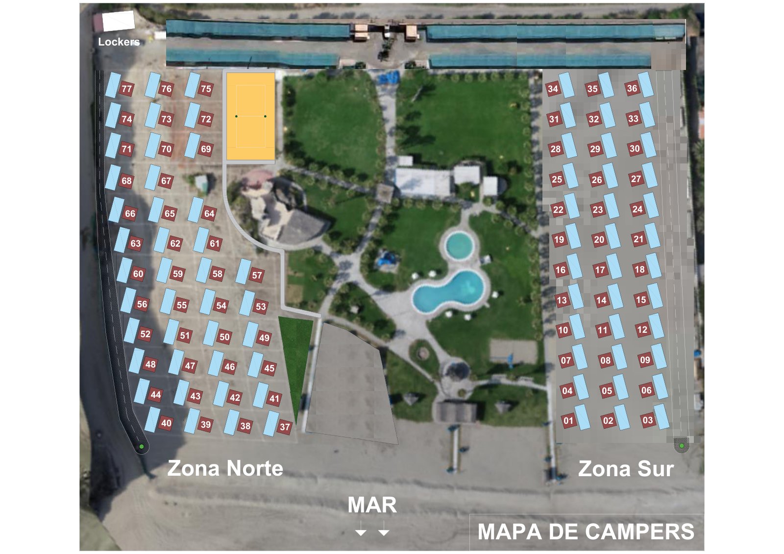 Plano de campers del club, zonas norte y sur
